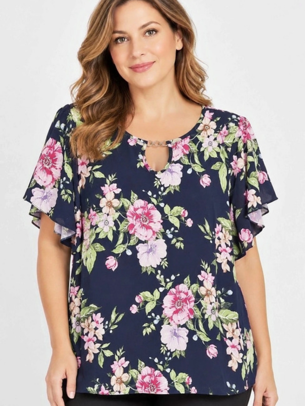 80 Park Blouse with Chain Hardware Floral Ruffle Sleeve Size XL